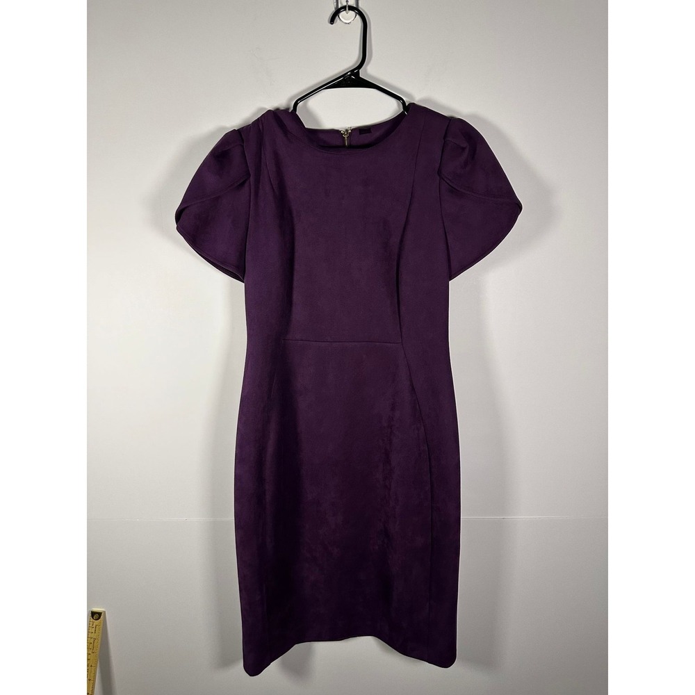 Calvin Klein Dress Womens 10 Purple Faux Suede Sheath Puff Sleeve Zip Work
